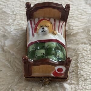 Limoges France bear sleeping in the bed.Hand painted trinkets box‎